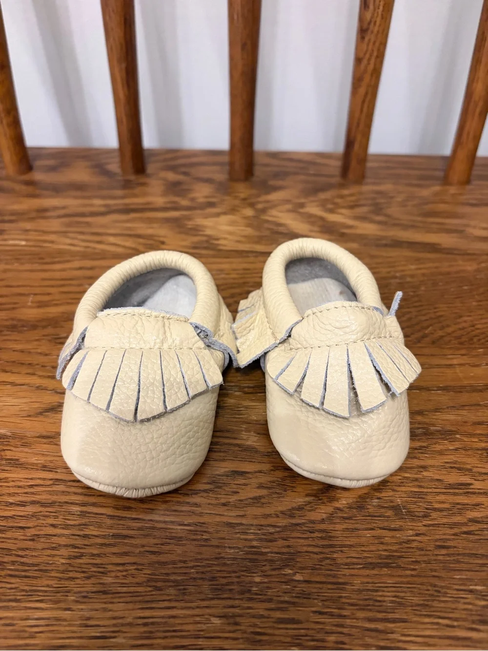 Freshly Picked Leather Baby Moccasins Fringed Soft Sole Cream Ivory - Size 1 / 2